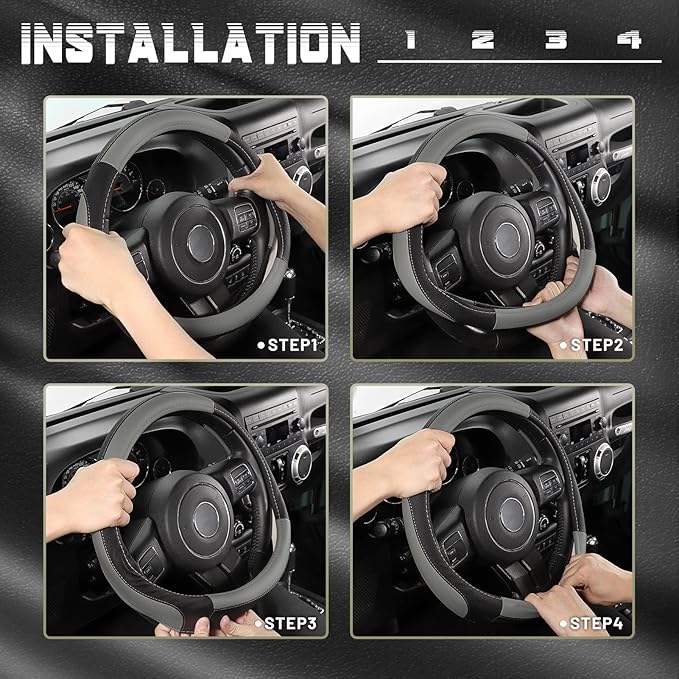 SEG Direct Car Steering Wheel Cover for F-150 Tundra Range Rover 15.5-16 inch, Black and Gray Microfiber Leather