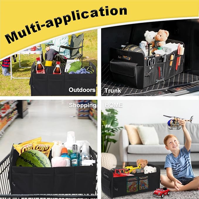 JiatuA Car Trunk Organizer, Car Organizers and Storage Collapsible Multi Compartment Container Box, Adjustable Car Accessories for SUV Sedan Truck, Large Size, Black