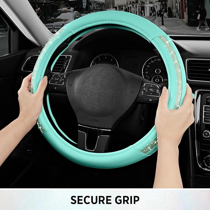 Road Comforts Steering Wheel Cover, Glitter Bling Leather Wheel Cover, Universal Fit 14.5"-15.5" Steering Wheels for Women & Girls, Anti-Slip Car Wheel Protector for Cars, Trucks, Vans, SUVs-Mint