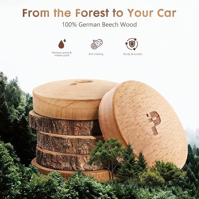 Wooden Car Air Freshener for Vent, Refillable Essential Oil Diffuser Clip with Long-Lasting Natural Scent, Solid European Beech wood & Metal Luxury Auto Deodorizer