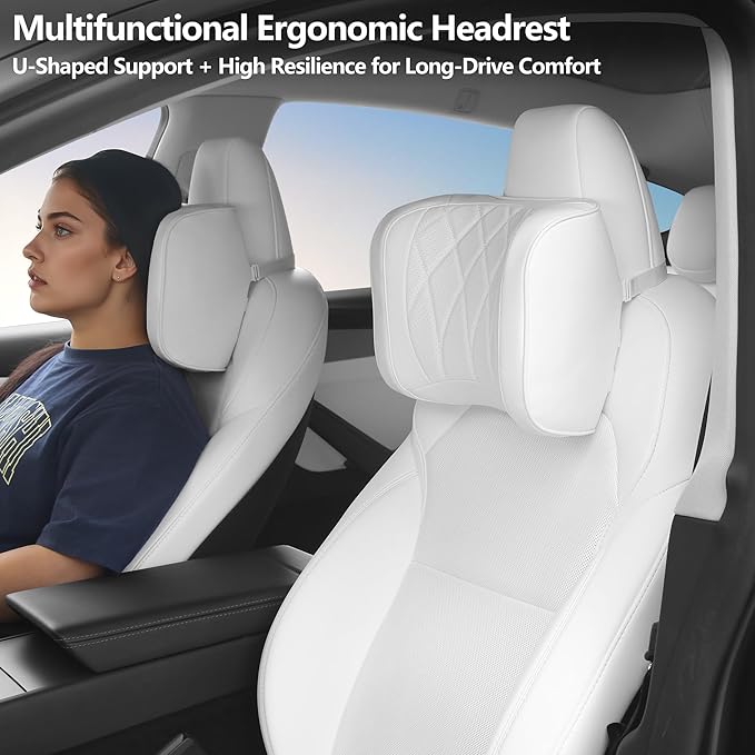 Car Headrest Leather Memory Foam Neck Pillow for Driving with Leather Soft Comfortable Seat Head Pillow Cushion / Car Neck Pillow SUV Sedan Relieving Neck Stiffness Seat Neck Support Pillow White 2PC
