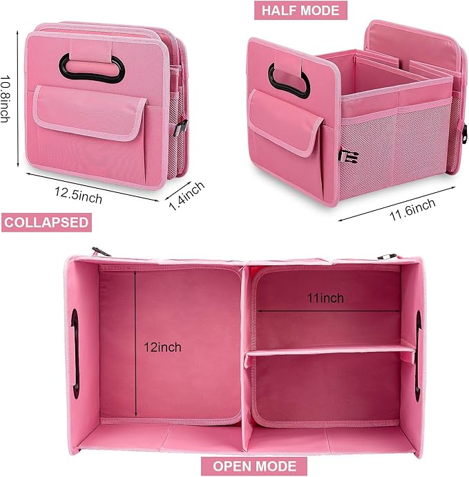 JiatuA Car Trunk Organizer, Car Organizers and Storage Collapsible Multi Compartment Container Box, Adjustable Car Accessories for SUV Sedan Truck, Standard Size, Pink