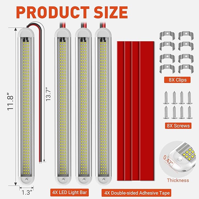 12V LED Interior Light Bar, 120LEDs 28W Led Strip Lights with ON/Off Switch, for Enclosed Cargo Trailer Car RV Van Truck Lorry Camper Boat Caravan Motorhome (4 Pack)