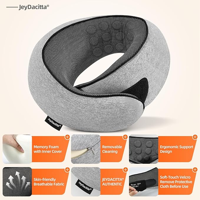 Premium Travel Pillow, Upgraded Memory Foam Neck Pillow, 360° Ergonomic Design Airplane Pillow Travel Pillows for Airplanes, Cars, Offices, Home Use, Large (Light Gray)