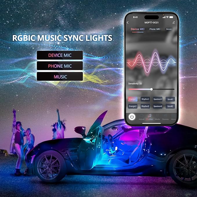 OPT7 Aura DreamColor Interior Light Strips, 4PC Double RGB-IC LED Color Chasing Kit w/APP & Remote Control, Underdash Ambient Lighting Universal for Vehicles Cars Trucks SUVs