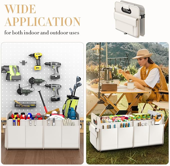 Trunk Organizer For Suv & Sedan,Car Organizers and Storage, Waterproof Collapsible & Adjustable Straps,Sturdy Car Organization for Car Accessories, Tools,Food，Sundries,2-3 Compartment（Beige）