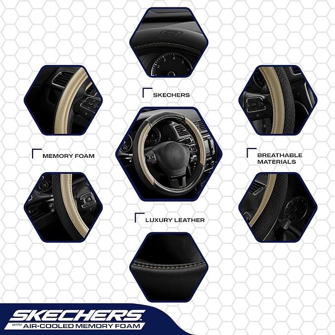 Skechers Air-Cooled Steering Wheel Cover,Leather Car Steering Wheel Cover Universal Fit 14" 1/2-15" Car Wheel Protector for Men Women Fit Suvs,Vans,Sedans,Car,Trucks,Beige