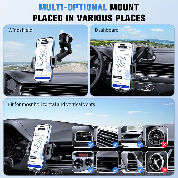 3 in 1 Car Phone Holder, Dashboard & Windshield & Vent Universal Car Mount Phone Holder for Your Car, Cell Phone Holder Truck for iPhone 17 16 15 Pro Max 25 Samsung, Matte Black