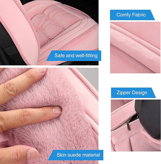 AOOG Fuzzy Car Seat Covers, Heated Bench Back Cushion Protector for Cars SUV Trucks(Full Set,Pink)