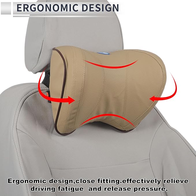 Car Headrest Pillow Ergonomic Comfortable Neck Support Pillow Nappa Leather and Memory Foam Adjustable Width Beige 1 Pc for Driving Travel