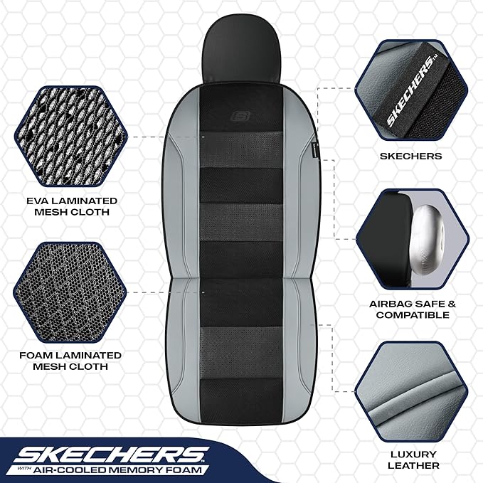 Skechers Men’s Air-Cooled Seat Covers, Memory Foam Car Seat Covers Front Seats, Airbag Compatible,Universal Fit for Most Cars, SUVs, Vans and Trucks,Grey