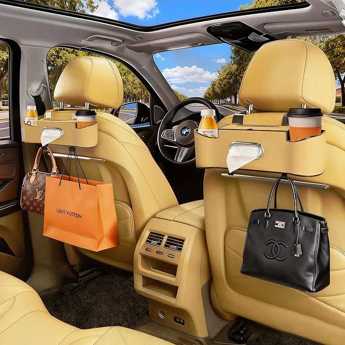 Car Backseat Organizer for Kids & Travelers - 4 in 1 Multifunctional Car Seat Back Storage with Cup Holder, Tissue Box, Snack/Handbag Holder - Nappa Leather Universal Fit for SUV/Van/Sedan (Beige)