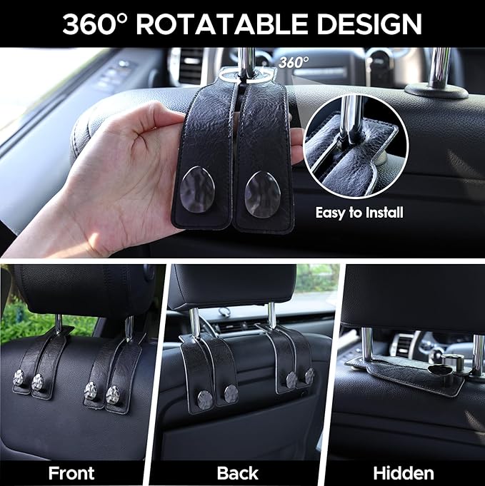 2PCS Leather Car Seat Hooks for Headrest, Vehicle Hanger Storage Organizer Universal for Handbag Purse, Car Accessories Gift (Black-Black)