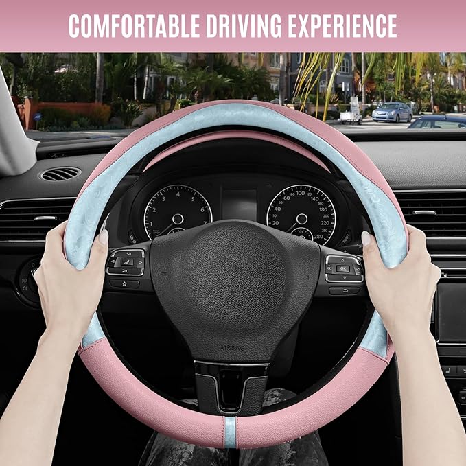 PIC AUTO Steering Wheel Cover, Light Blue Patterned & Pink Leather Patchwork Design, Universal Fit 14.5"–15.5", Anti-Slip, Odor-Free, Soft Grain Leather, Durable Grip Car Accessory for Girls & Women