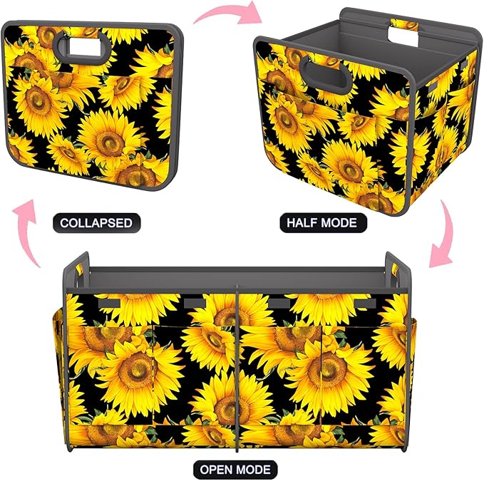 Homeve Trunk Organizer, Car Storage, Reinforced Handles, Collapsible Multi-Compartment, Foldable, Waterproof, Sturdy, 600D Oxford Polyester For Car, SUV, Mini-Van, Sunflower, 2 Compart