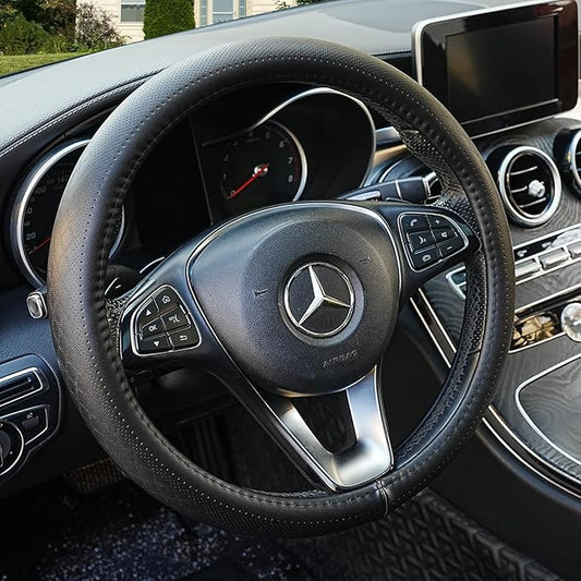 Black Genuine Leather Car Steering Wheel Cover Men Women,Cowhide Wheel Cover,Soft,Breathable,Anti-Slip,Luxury Steering Wheel Cover,Universal Standard Size 14.5-15 inch(M)