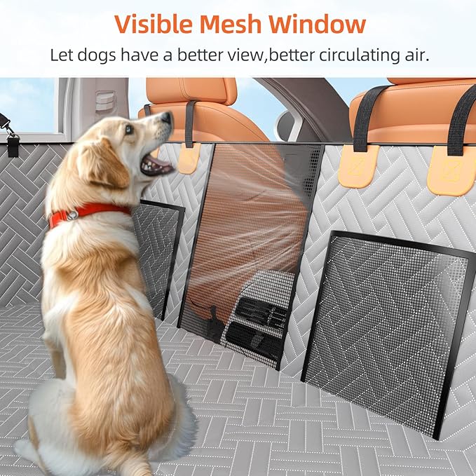 Back Seat Extender for Dogs,Hard Bottom Car Seat Cover for Dogs with Mesh Window,Waterproof Backseat Pet Cover Hard Bottom-Dog Car Seat Cover for Back Seat Dog Hammock for Car/SUV (L-Grey)