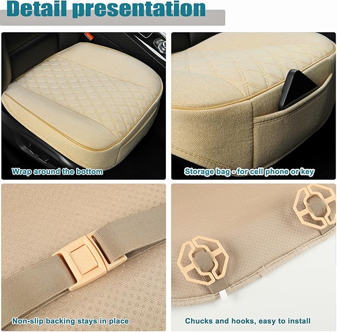 West Llama Linen Front Car Seat Cover Protector Anti-Slip Bottom Seat Cover Fits 95% of Vehicles,Wrapping Around The Bottom,Diamond Pattern(Beige-2Pcs)