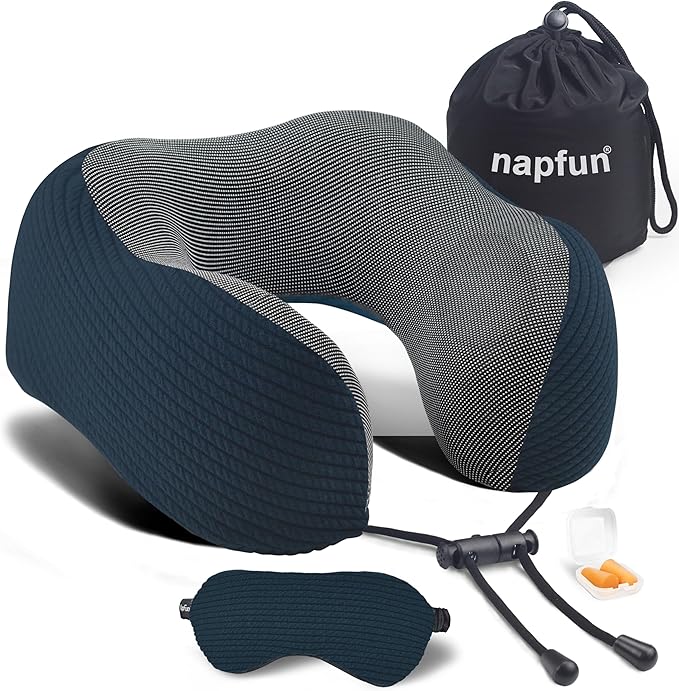 napfun Neck Pillow for Traveling, Upgraded Travel Neck Pillow for Airplane 100% Pure Memory Foam Travel Pillow for Flight Headrest Sleep, Portable Plane Accessories, Luxury Sets (Optional), Deep Blue