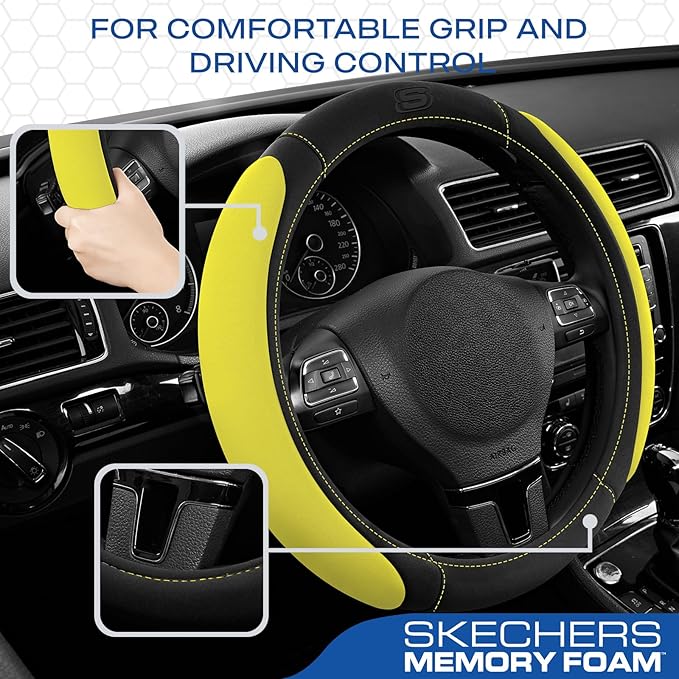 Skechers Steering Wheel Cover, Memory Foam Car Steering Wheel Cover,14.5-15inch Anti-Slip Safety Comfortable Desgin, Universal Accessory for Diverse Cars, Truck,SUV (Black & Yellow)