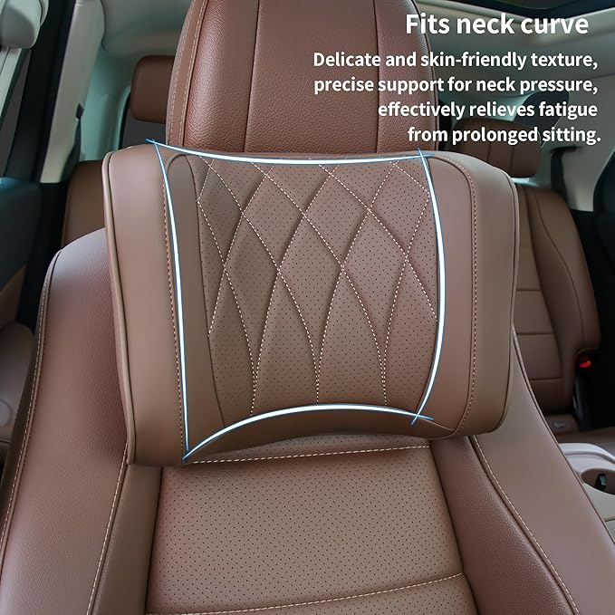 Car Headrest Pillow U-Shaped, Memory Foam Head Neck Support Cushion for Driving, Leather Head Rest Travel Pillows for Sleeping, Breathable Removable Cover, Brown, 2 Pack
