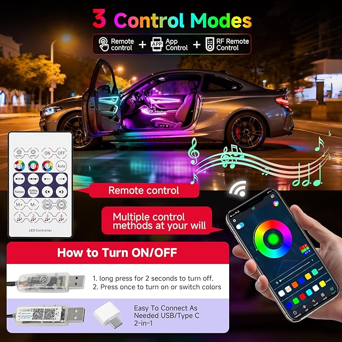 Interior Car LED Strip Lights, Acrylic LEDs Lights for Car with Dynamic Dreamcolor Chasing, Ambient Lighting Kits Music Sync Wireless APP and RF Remote Control (55.12inch*2)