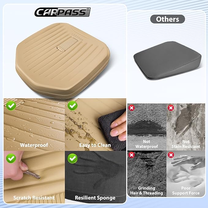 CAR PASS Premium Leather Car Seat Cushion, Comfort Memory Foam Driver Seat Cushion for Long Driving, Waterproof Non-Slip Seat Cushions for Cars, Truck, SUV, Office Chairs, Stadium, Beige