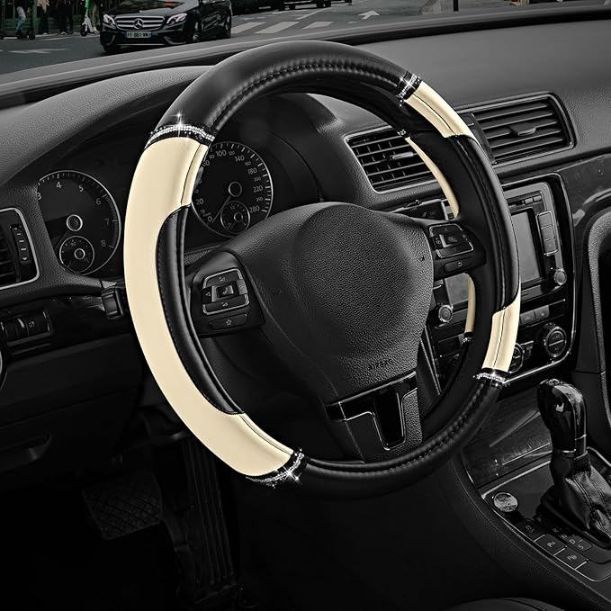 Road Comforts Leather Steering Wheel Cover - Made with PVC Leather - Anti-Slip, Universal Fit 14 1/2 inches to 15 inches - Milky White