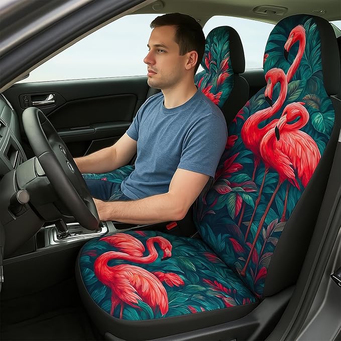 2 Pcs Premium Flamingo Car Seat Cover, Breathable & Washable Car Seat Covers Full Sets, Fashionable Printed Seat Covers for Cars Interior, Universal Fit for Most Cars, Sedan, Truck, SUV