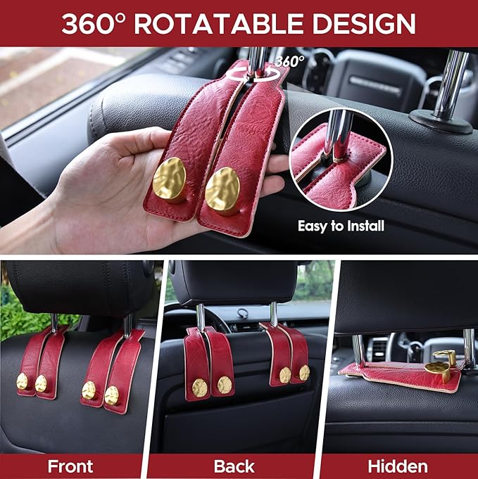 4 PCS Leather Car Seat Hooks for Headrest, Vehicle Hanger Storage Organizer Universal for Handbag Purse, Car Accessories Gift (Red-Gold-4 PCS)