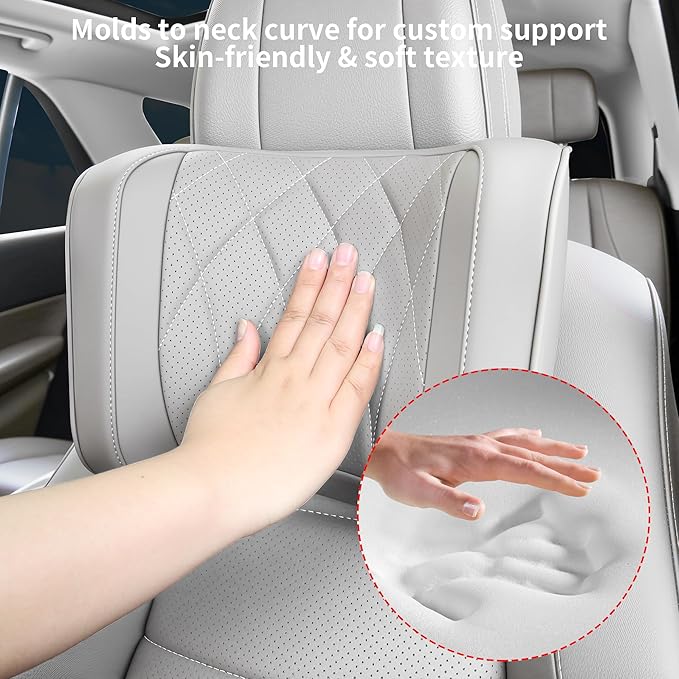 Car Headrest Pillow U-Shaped, Memory Foam Head Neck Support Cushion for Driving, Leather Head Rest Travel Pillows for Sleeping, Breathable Removable Cover, Gray, 2 Pack