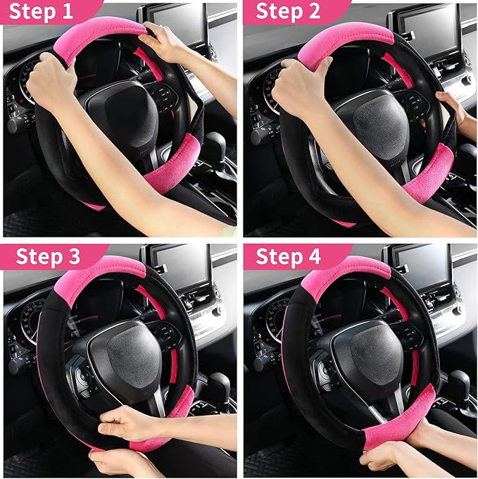 SEG Direct Steering Wheel Cover for Car, Standard Size 14.5-15 inch, Auto Interior Accessories, Plush Warm Velvet, Summer Winter, Pink