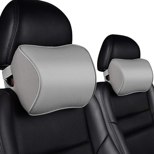 Aukee Memory Foam Car Neck Pillow Soft Leather Car Headrest for Driving Home Office Gray (Pack of 2)
