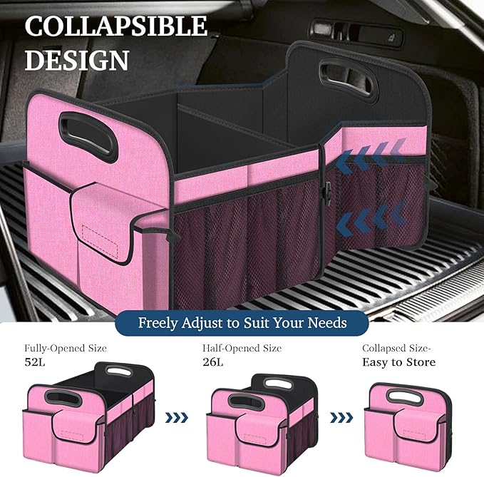 Femuar Car Trunk Organizer, Car Storage Organizer with Large Capacity Waterproof Collapsible Trunk Organizer for Car Suv/Jeep/Sedan (Pink, Standard)