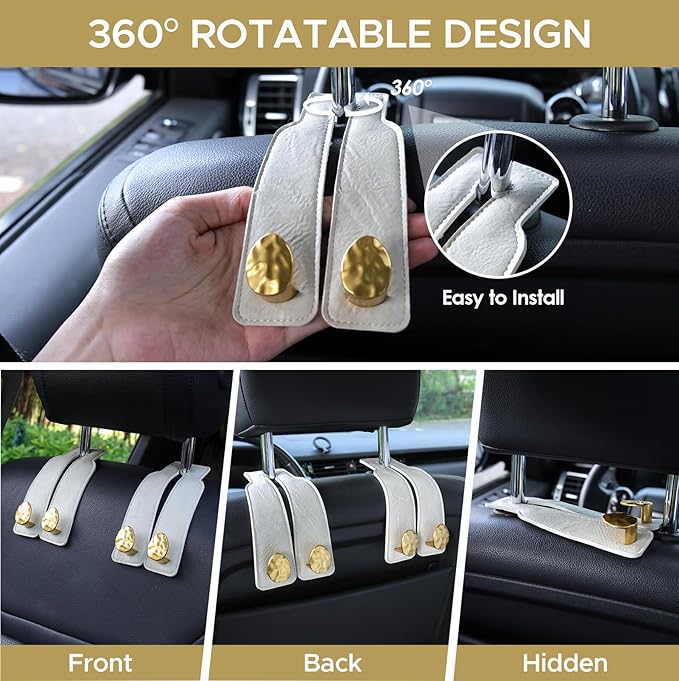2PCS Leather Car Seat Hooks for Headrest, Vehicle Hanger Storage Organizer Universal for Handbag Purse, Car Accessories Gift (White-Gold)