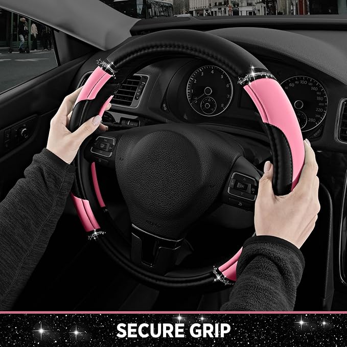 Road Comforts Leather Steering Wheel Cover - Made with PVC Leather - Anti-Slip, Universal Fit 14 1/2 inches to 15 inches - Pink