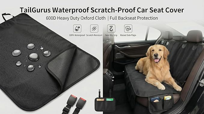 Dog Hammock Car Seat Cover - 100% Waterproof 600D Heavy Duty | Scratch-Proof Nonslip Back Seat Protector with Side Flaps for Cars, Trucks, SUVs (Black/Thin)