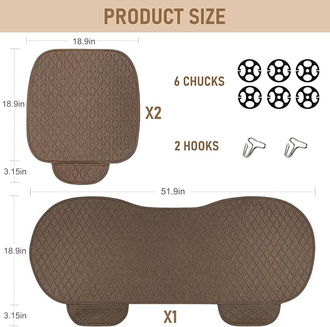3 PCS Linen Car Seat Covers with Storage Pocket, Back Seat Covers Protectors with Non-Slip, Breathable Bench Seat Covers Universal Fit for SUVs, Cars, Trucks (Brown)