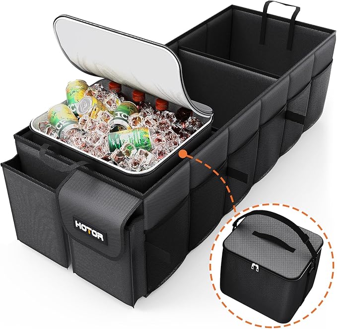 HOTOR Trunk Organizer, Sturdy Foldable with Cooler for Car & SUV, 3 Compartments, Black, 30.90”×12.60”×10.63”