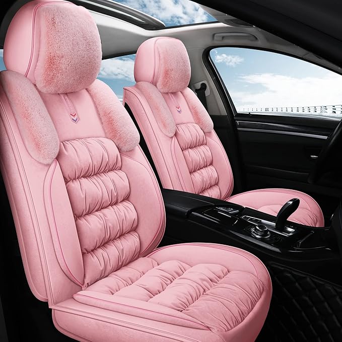 AOOG Fuzzy Car Seat Covers, Heated Bench Back Cushion Protector for Cars SUV Trucks(Full Set,Pink)