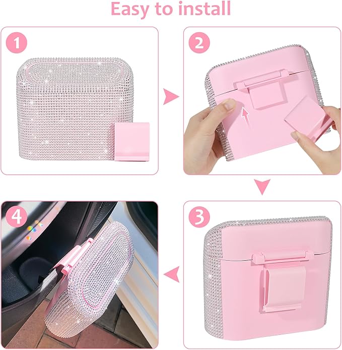 Accmor Bling Car Trash Can with Lid, Leakproof Mini Vehicle Trash Bin Automotive Dustbin Organizer Storage, Sparkling Crystal Rhinestone Trash Bag Container with 30pcs Garbage Bags Car Accessories
