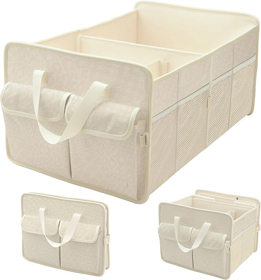 Sturdy Car Trunk Organizer – Large Capacity Trunk Organizer for SUVs & Sedans, Hard-Shell One-Piece Design with Cute Print, Collapsible and Durable Car Organizers （Beige Leopard 70L ）