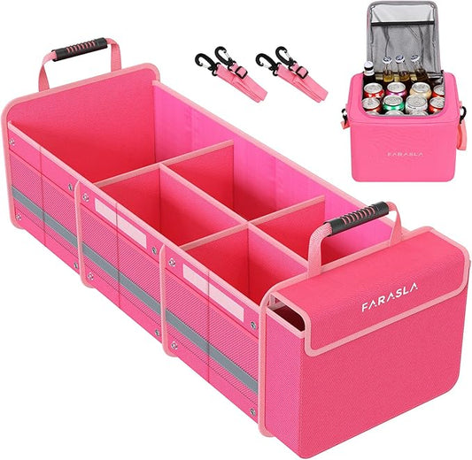 Farasla Waterproof Trunk Organizer with Insulated Leakproof Cooler Bag, Foldable Cover, Adjustable Securing Straps (4-in-1 w/Cooler, Pink)