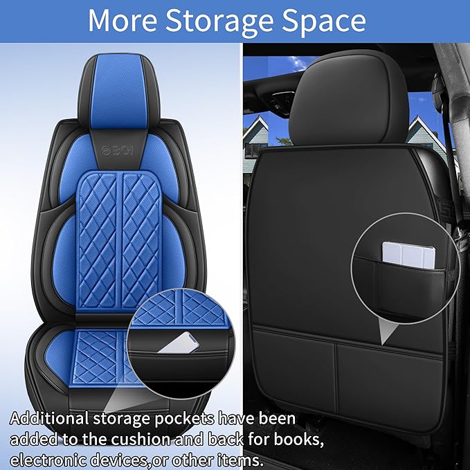 Car Seat Cover Custom Fit for Dodge Ram 1500 2500 3500 2009-2026 Faux Leather Seat Cover Set Compatible with Crew Quad Regular Cab Pickup Truck Cushions (Black & Blue, Full Set, Flat Rear)