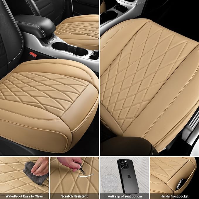 CAR PASS 2 Pack Leather Front Car Seat Covers, Bottom Seat Covers Full Wrapped with Storage Pocket, Anti-Slip Leather Seat Protectors,Waterproof Seat Cushion Universal Fit Sedan SUV Truck, Light Beige