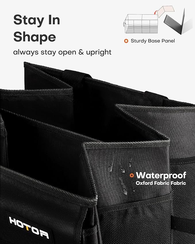 HOTOR Trunk Organizer - Car Organizer, Foldable Trunk organizer for SUVs & Sedans, Sturdy Car Organization for Car Accessories, Tools, Sundries, Black, 2 Compartments, 21.3"×12.6"×10.6"