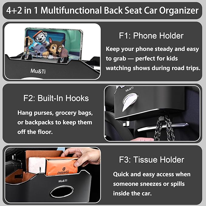 Mu&Ti Back Seat Car Organizer,4+2 in 1 Multifunctional Car Back Seat Storage Box with 2 Cup Holders, Tissue Box and Hook - Ideal for Kids and Travel(Black)