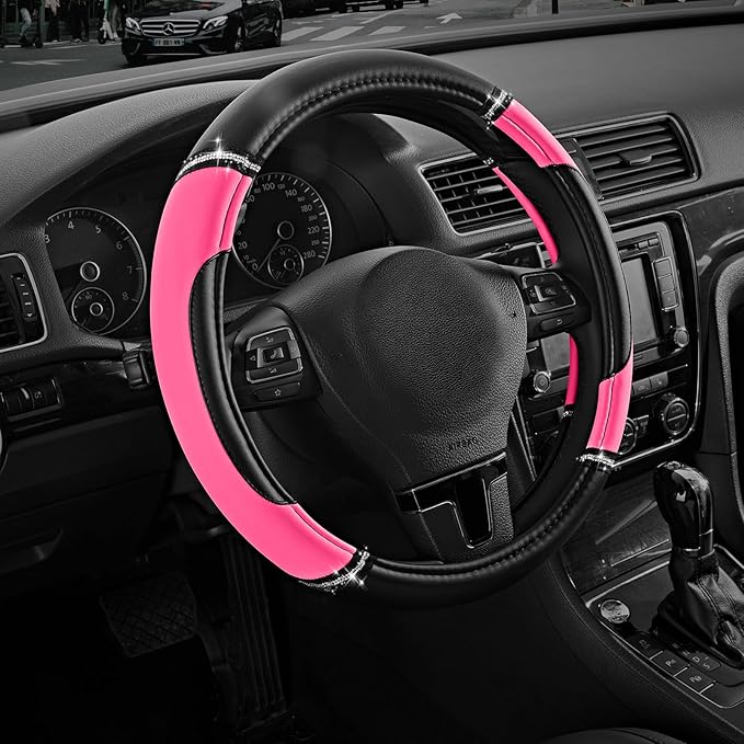 Road Comforts Leather Steering Wheel Cover - Made with PVC Leather - Anti-Slip, Universal Fit 14 1/2 inches to 15 inches - Hot Pink