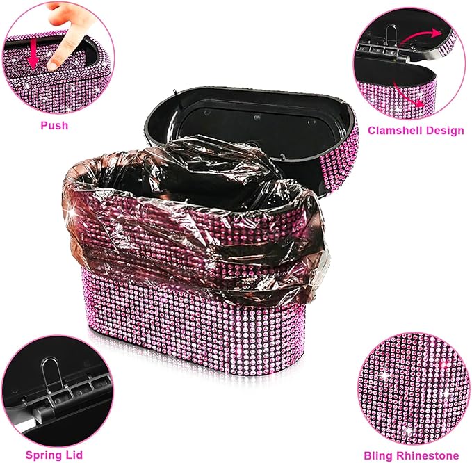 Accmor Bling Car Trash Can with Lid, Vehicle Trash Bin Car Dustbin Garbage Organizer Storage, Sparkling Crystal Mini Auto Trash Bags Holder Container with 30pcs Garbage Bags for Cars, SUV, Truck