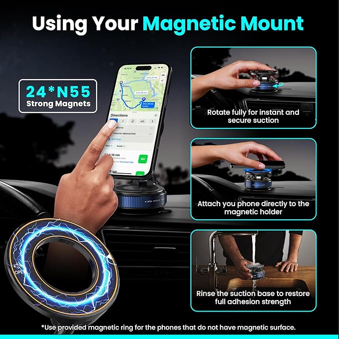Ryvlan Carmount Vacuum Magnetic Phone Mount for Car– Magsafe Suction iPhone Stand, Content Creator Phone Holder & Car Mount, iPhone Holder for Dashboard & Windshield, Suction Cup Car Tripod